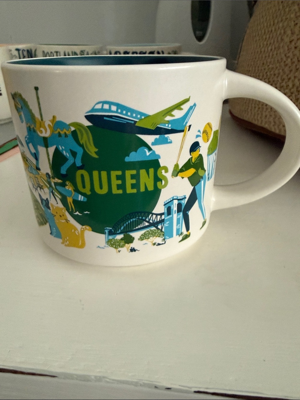 Starbucks Queens Ceramic Mug - White with Green & Blue Artwork